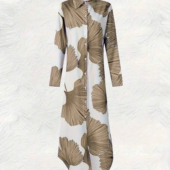 White Maxi Shirt Dress with Brown Floral Print - Picture 2 of 8